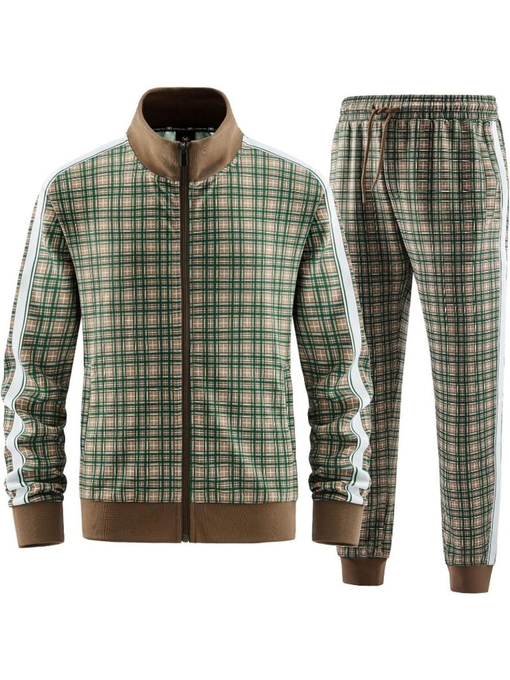 Men's Green Polyester Stand-up Collar Long Sleeve Double Side Pockets Tracksuits